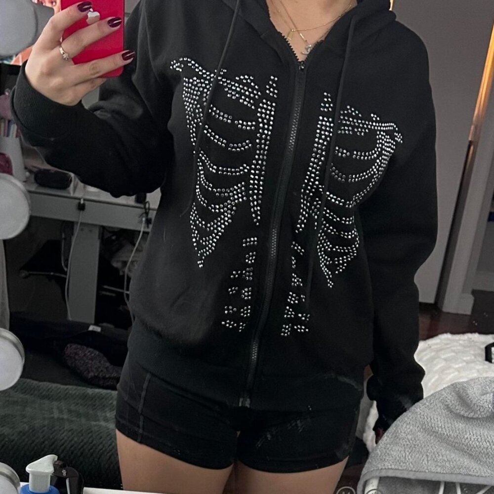 SHEIN Black and silver rhinestone zip up hoodie